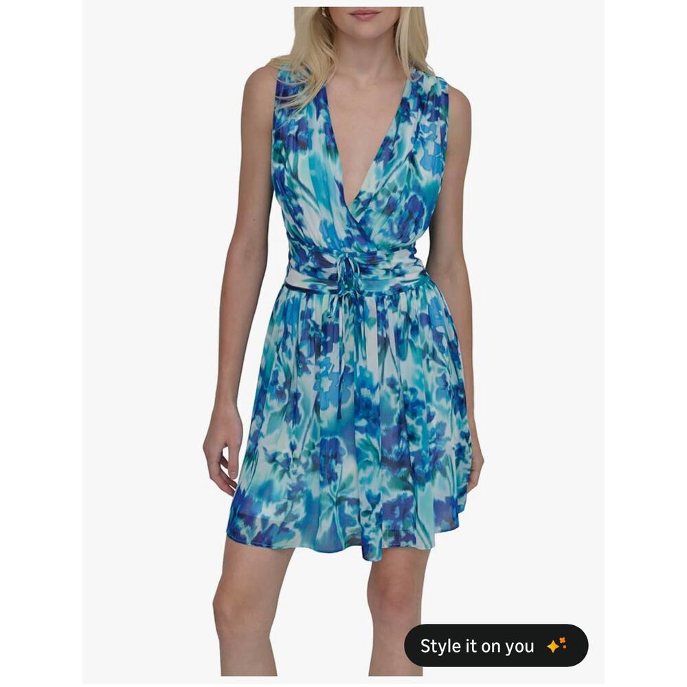 NWT DKNY Surplice Neck Ruched Drawstring Waist Mini Dress, Indigo Multi, sz 6